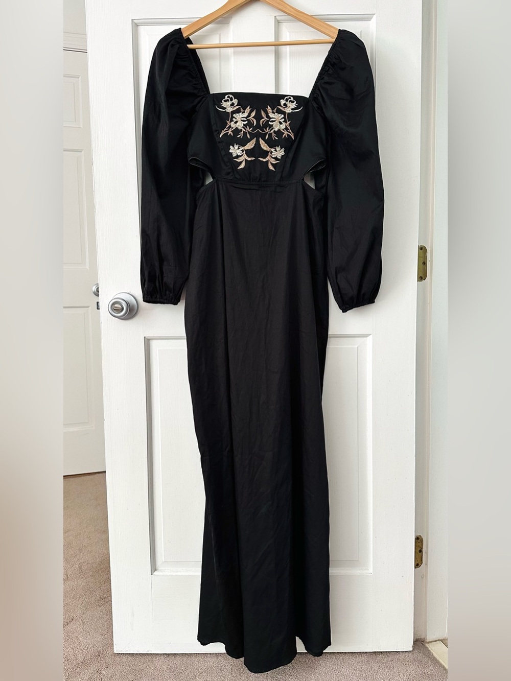 Especia Black Embroidered Cut Out Maxi Dress Puff Long Sleeves Anthropologie XS - Picture 5 of 16